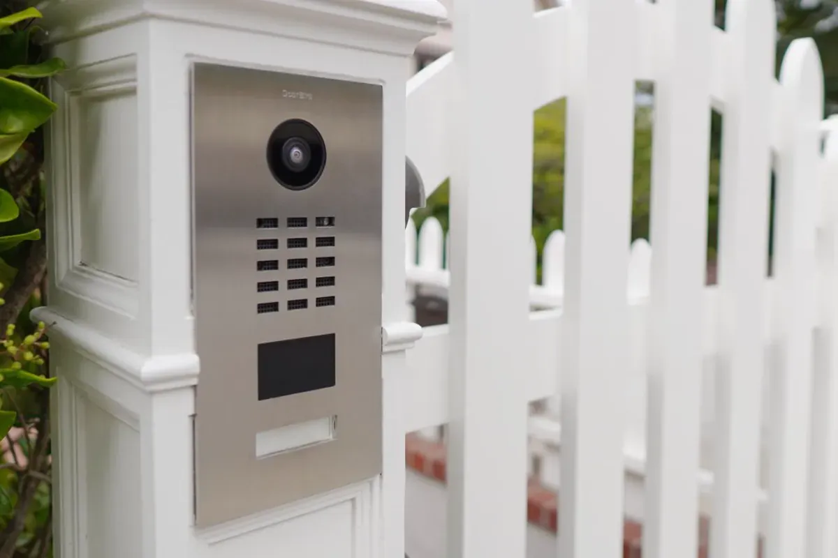 Multi-button directory entry panel set into a fence pilaster